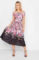 PixieGirl Black Floral Border Bardot Dress | PixieGirl 1