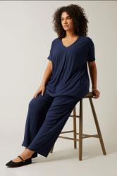 EVANS Plus Size Navy Blue Plisse Wide Leg Trousers | Evans 2