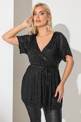 YOURS LONDON Plus Size Black Sequin Wrap Top | Yours Clothing  3