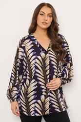 EVANS Plus Size Midnight Blue Leaf Print Pleat Front Blouse | Evans 1