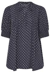 EVANS Curve Navy Blue Dobby Tie Neck Pintuck Blouse