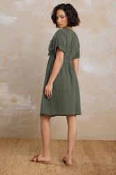 PixieGirl Petite Women's Khaki Green Tie Front Cotton Mini Dress | PixieGirl 2