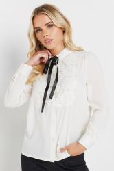 PixieGirl Petite Women's Ivory White Lace Trim Tie Neck Shirt | PixieGirl 3