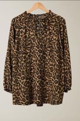 EVANS Curve Natural Brown Leopard Print Crepe Tie Neck Blouse