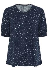 EVANS Curve Navy Blue Polka Dot Cotton Top | Evans 5