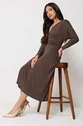 PixieGirl Petite Women's Chocolate Brown Wrap Midi Dress | PixieGirl 3