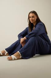 EVANS Plus Size Navy Blue Wide Leg Premium Linen Trousers | Evans 5