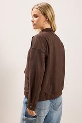 PixieGirl Petite Women's Chocolate Brown Faux Suede Bomber Jacket | PixieGirl 2