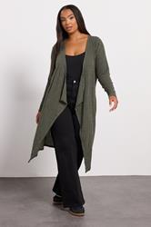 YOURS Plus Size Khaki Green Ribbed Midaxi Waterfall Cardigan | Yours Clothing 3