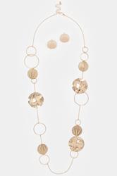 Gold Tone Long Circle Necklace & Earrings Set | Yours Clothing 3