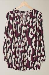EVANS Curve Burgundy Red Animal Print Crepe Tie Neck Blouse