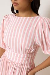 PixieGirl Petite Women's Pink Stripe Puff Sleeve Midi Dress | PixieGirl 4