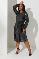 YOURS LONDON Plus Size Black Sequin Skater Midi Dress | Yours Clothing 1