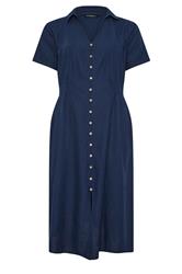 EVANS Curve Navy Blue Linen Shirred Waist Midi Dress