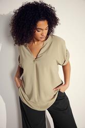 EVANS Plus Size Natural Brown Button Front Short Sleeve Blouse | Evans 3