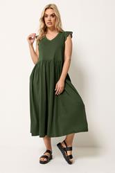 YOURS Plus Size Khaki Green Broderie Sleeve Maxi Dress | Yours Clothing 1