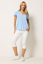 M&Co Blue Floral Print Cotton Frill Sleeve Blouse | M&Co 1