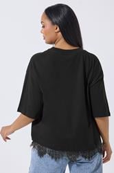 LIMITED COLLECTION Plus Size Black Oversized Lace Hem T-Shirt | Yours Clothing 2
