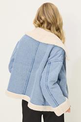 PixieGirl Petite Women's Light Blue Denim Borg Zip Jacket | PixieGirl 2