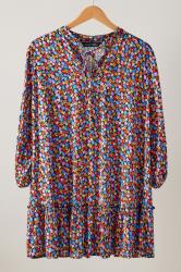 EVANS Curve Pink & Blue Floral Tie Neck Blouse