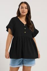 YOURS Plus Size Black Button Frill Sleeve Peplum Top | Yours Clothing 3