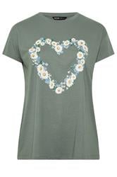 YOURS Curve Green Daisy Heart T-Shirt