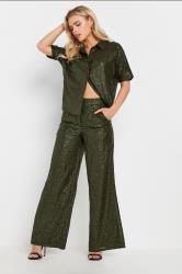 PixieGirl Petite Women's Khaki Green Sequin Embellished Wide Leg Trousers | PixieGirl 3