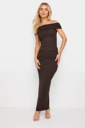 Petite Chocolate Brown Ribbed Bardot Top | PixieGirl  1