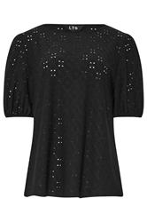 LTS Tall Black Broderie Puff Sleeve Top