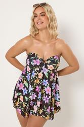 YOURS Plus Size Black Floral Pastel Bandeau Swim Dress | Yours Clothing 2