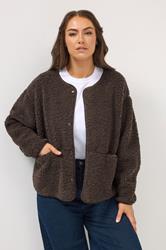 YOURS Plus Size Chocolate Brown Collarless Fleece Jacket | Yours Clothing 3