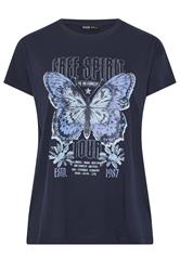 YOURS Curve Navy Blue 'Free Spirit' Butterfly Embellished T-Shirt