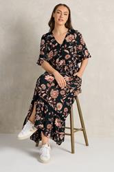 EVANS Plus Size Black Floral Crinkle Button Through Maxi Dress | Evans 1