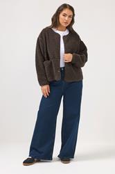 YOURS Plus Size Chocolate Brown Collarless Fleece Jacket | Yours Clothing 1