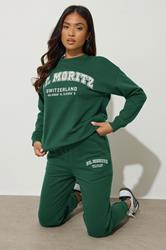 PixieGirl Petite Women's Green St Moritz Slogan Sweatshirt | PixieGirl 1