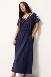 M&Co Petite Navy Blue Woven Trim Detail Cotton Maxi Dress | M&Co 3