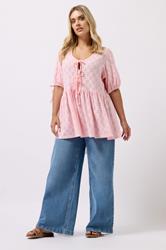 YOURS Plus Size Pink Broderie Anglaise Tie Front Peplum Top | Yours Clothing 4