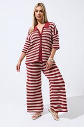 LIMITED COLLECTION Plus Size Burgundy Red Stripe Crochet Shirt | Yours Clothing 1