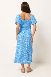 PixieGirl Petite Women's Blue Daisy Puff Sleeve Midi Dress | PixieGirl 2
