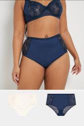 YOURSET 2 PACK Plus Size Navy Blue & White Embroidered Full Briefs | Yours Clothing 1