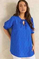 EVANS Plus Size Blue Floral Broderie Tie Neck Blouse | Evans 3