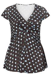 YOURS LONDON Curve Chocolate Brown Polka Dot Wrap Front Top