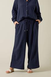 EVANS Plus Size Navy Blue Wide Leg Premium Linen Trousers | Evans 2