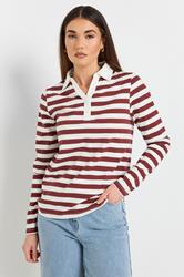 LTS Tall Burgundy Red Stripe Cotton Placket Polo Top | Long Tall Sally 1
