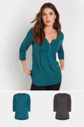 LTS Tall 2 PACK Charcoal Grey & Teal Blue Cotton Henley Tops | Long Tall Sally 3