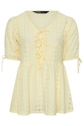 YOURS Curve Yellow Broderie Anglaise Bow Tie Front Top
