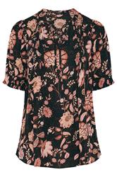 EVANS Curve Black Floral Pintuck Tie Neck Blouse