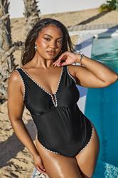 YOURS Plus Size Black Contrast Blanket Stitch Plunge Swimsuit | Yours Clothing 3