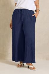 EVANS Plus Size Navy Blue Crinkle Wide Leg Trousers | Evans 1