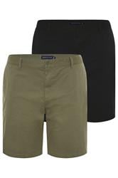 BadRhino Big & Tall 2 PACK Black & Khaki Green Stretch Chino Shorts
